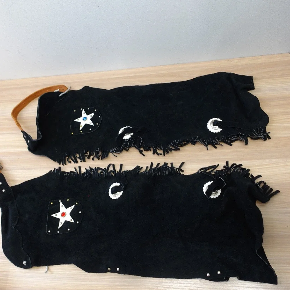 Vintage Cowboy‎ Vest Chaps Set Boys M Black Suede Studded Fringe Halloween USA